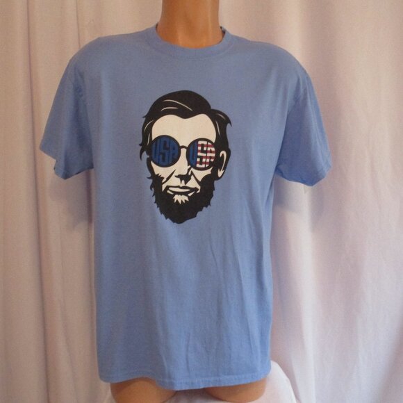 Abraham Lincoln Shirt Large Light Blue USA Flag Sunglasses Graphic Tee - Picture 1 of 6